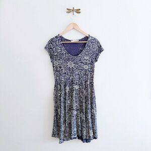 Peruvian Connection Blue Batik Tile Print Pima Cotton Jersey A-Line Dress Small